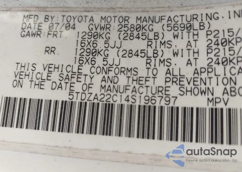 2004 Toyota Sienna Xle from USA, damaged, VIN 5TDZA22C14S196797